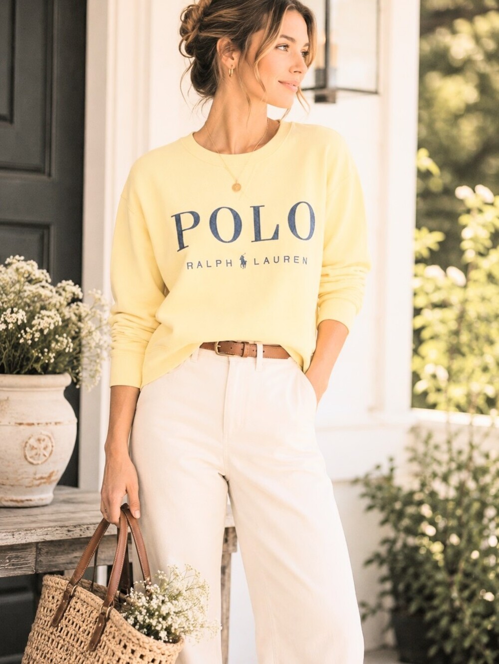 Polo Ralph Lauren Yellow Logo Crewneck Sweatshirt Navy Big Logo Preppy Pullover